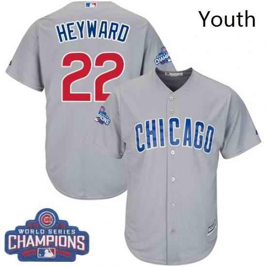 Youth Majestic Chicago Cubs 22 Jason Heyward Authentic Grey Road 2016 World Series Champions Cool Base MLB Jersey